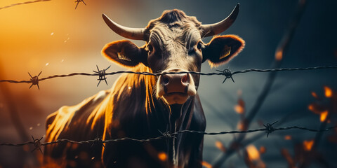 Low angle view of a cow behind a barbed wire fence