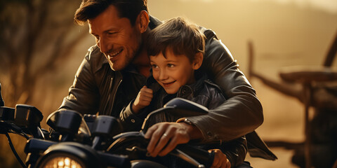 Man and son sitting on a motorcycle
