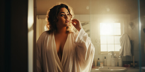 Plus size woman in bathrobe looking in the mirror at bathroom