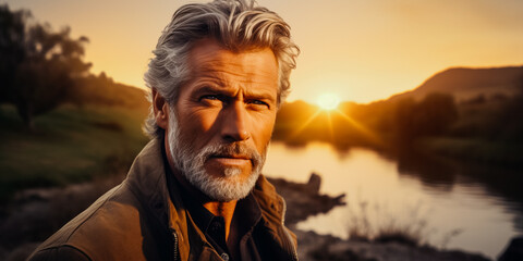 Portrait of a mature man at a riverbank at sunset