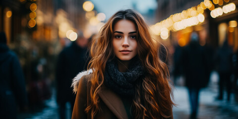 Portrait of beautiful young woman in city