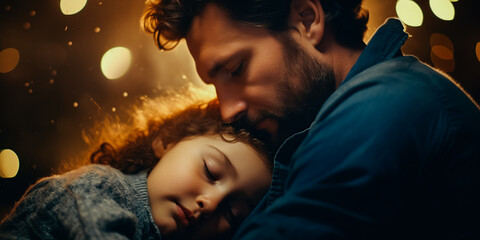 Portrait of father holding his sleeping little daughter in his arms