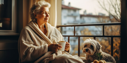 Senior woman with coffee and dog at home, resting outdoors on balcony
