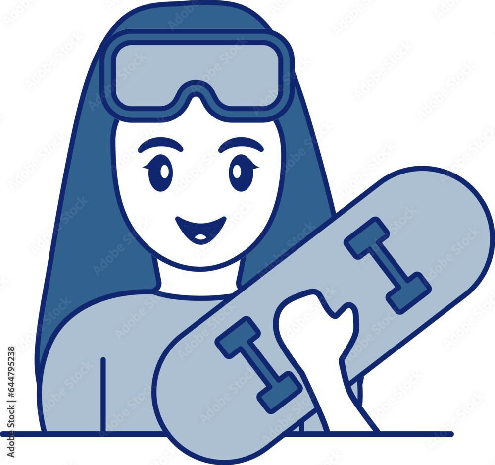 Poster Young Girl Holding Skateboard Icon In Blue And White Color.