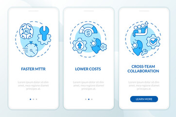 2D icons representing AI ops mobile app screen set. Walkthrough 3 steps blue graphic instructions with line icons concept, UI, UX, GUI template.