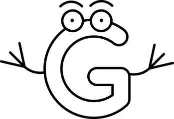 G Alphabet Cartoon Character Icon in Black Outline.