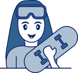 Young Girl Holding Skateboard Icon In Blue And White Color.