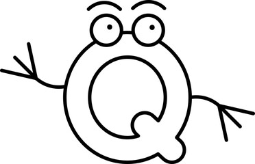 Cartoon Character Q Alphabet Icon in Black Line Art.