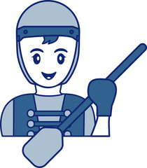 Female Holding Paddle Icon In Blue And White Color.
