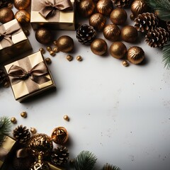 A Christmas background for creative content with presents and decorations surrounding a blank space for customization, offering a festive setting. Illustration
