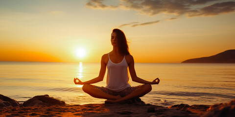 Young healthy woman practicing yoga on the beach at sunset. 