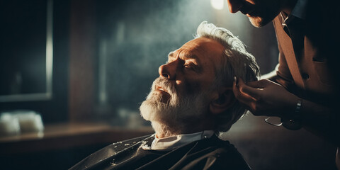 Barber shaving senior man, close - up