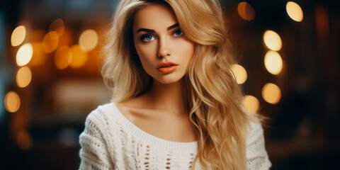 Fototapeta premium Beautiful blonde in white sleeveless sweater