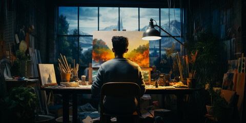 Obraz premium Artist in studio working on painting