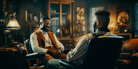Black barber talking to customer in retro barbershop