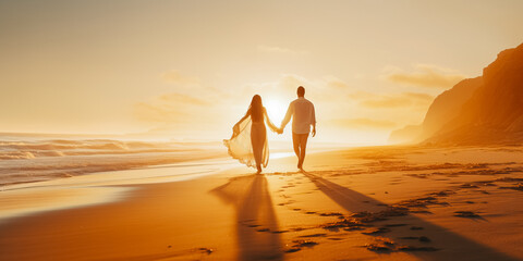 Fototapeta na wymiar Couple walking on sand at beach