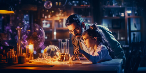 Father and daughter working on science project at home