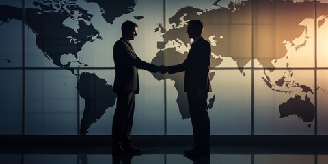 Shadow business and secret government agreements. Silhouette of two influential men shaking hands in a dark room against the backdrop of a world map.
