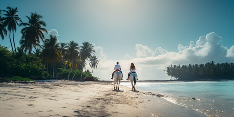 Extreme wide shot of family on horseback ride on tropical beach