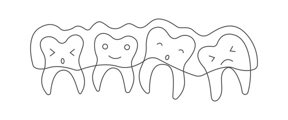 Doodle cute ragged teeth with clear aligners. Dental orthodontic treatment. Oral hygiene concept for children for pediatric dentistry. Teeth cleaning and prevention. Vector hand draw illustration.