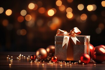 A Christmas background image for creative content, closeup of a gold-wrapped gift with baubles around, against a backdrop of blurred holiday lights. Photorealistic illustration