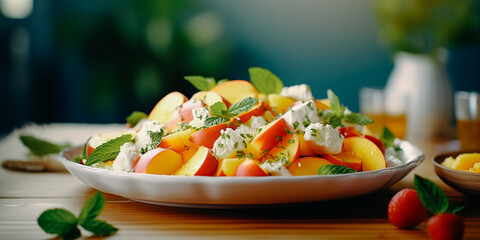 Fruit Salad of Slices of peaches, nectarine, mint and cheese