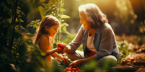 Grandmother with granddaughter picking peppers in garden together