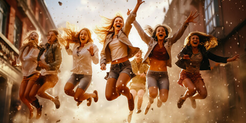 Group of femal teenagers jumping through a sprinkl