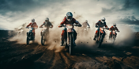 Group of motocross motorcycles coming out in the race