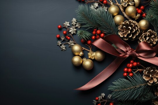 A Christmas background image for creative content featuring Christmas decorations with space for customization. Photorealistic illustration