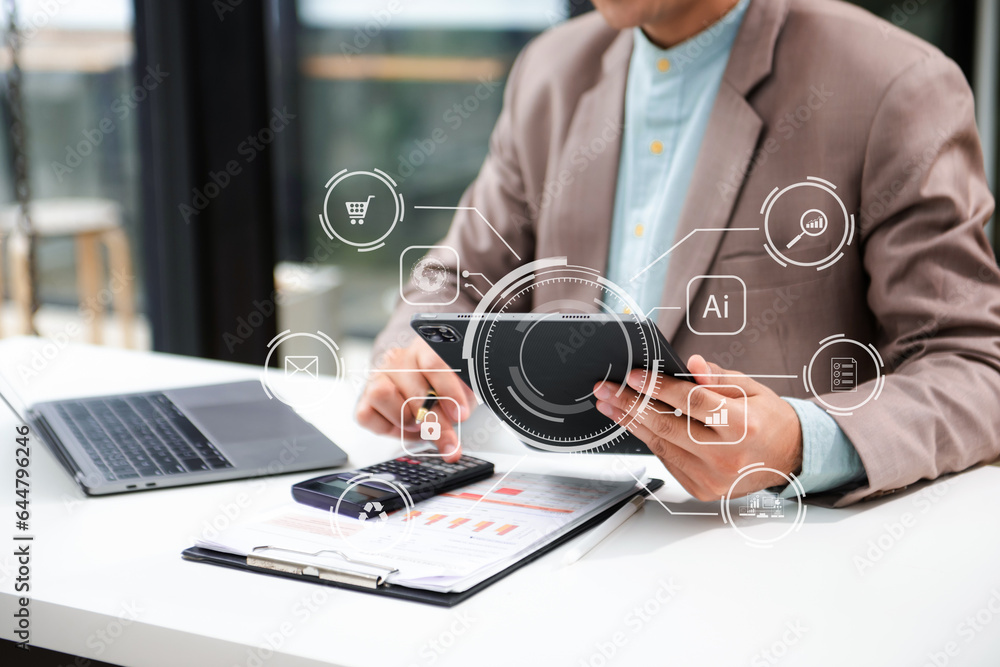 Poster digital marketing media in virtual screen.business working digital tablet, smartphone with computer 