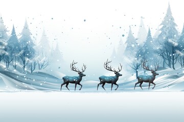 A Christmas background image with a blue tone, depicting reindeers crossing a snowy forest. Illustration