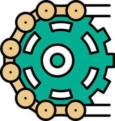 Illustration of Rotated Chain Gear Icon in Cyan And Yellow Color.