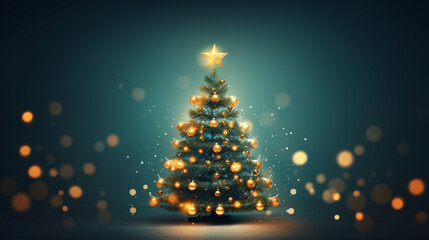 Christmas tree with golden balls and lights on a green background. Generative Ai