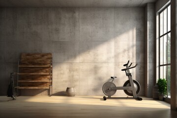 Concrete room with stationary bike, abdominal bench and weight - 3d rendering. Generative AI