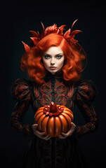 Fototapeta premium Halloween autumnal background. Redhead vampire woman holding a pumpkin. Ai generated image