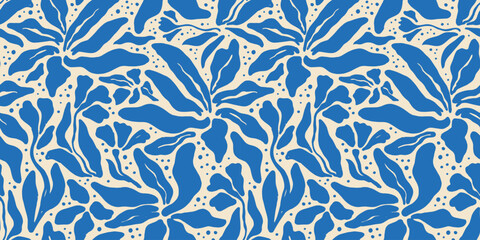 Abstract blue flower art seamless pattern. Trendy contemporary floral nature shape background illustration. Natural organic plant leaves artwork wallpaper print. Vintage spring texture.