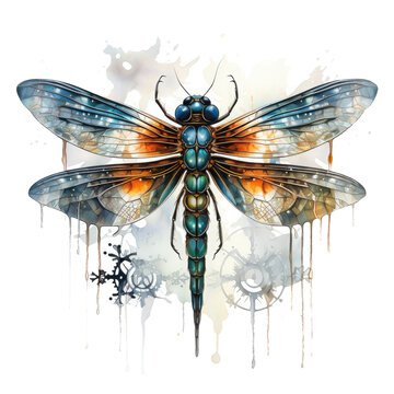 Watercolor dragonfly T-shirt Design, a dragonfly with wings resembling delicate lace, Generative Ai
