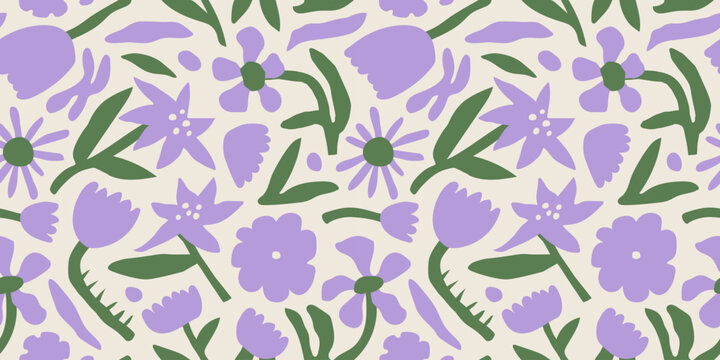 Colorful flower seamless pattern illustration. Children style floral doodle background, funny basic nature shapes wallpaper.