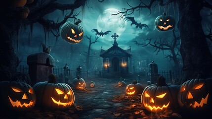 Fototapeta na wymiar Halloween pumpkin Lantern, with an evil face and eyes. Jack O' Lanterns In Graveyard In The Spooky Night - Halloween Backdrop.