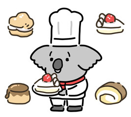 ケーキを持ったコアラのキャラクターと洋菓子セット