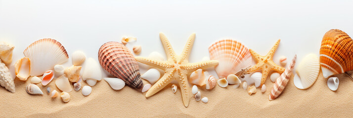Fototapeta na wymiar shells. starfish on the beach sand background background. Generative Ai