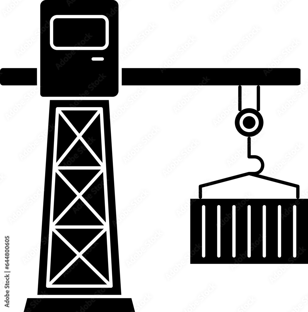 Poster tower crane with container icon in b&w color.