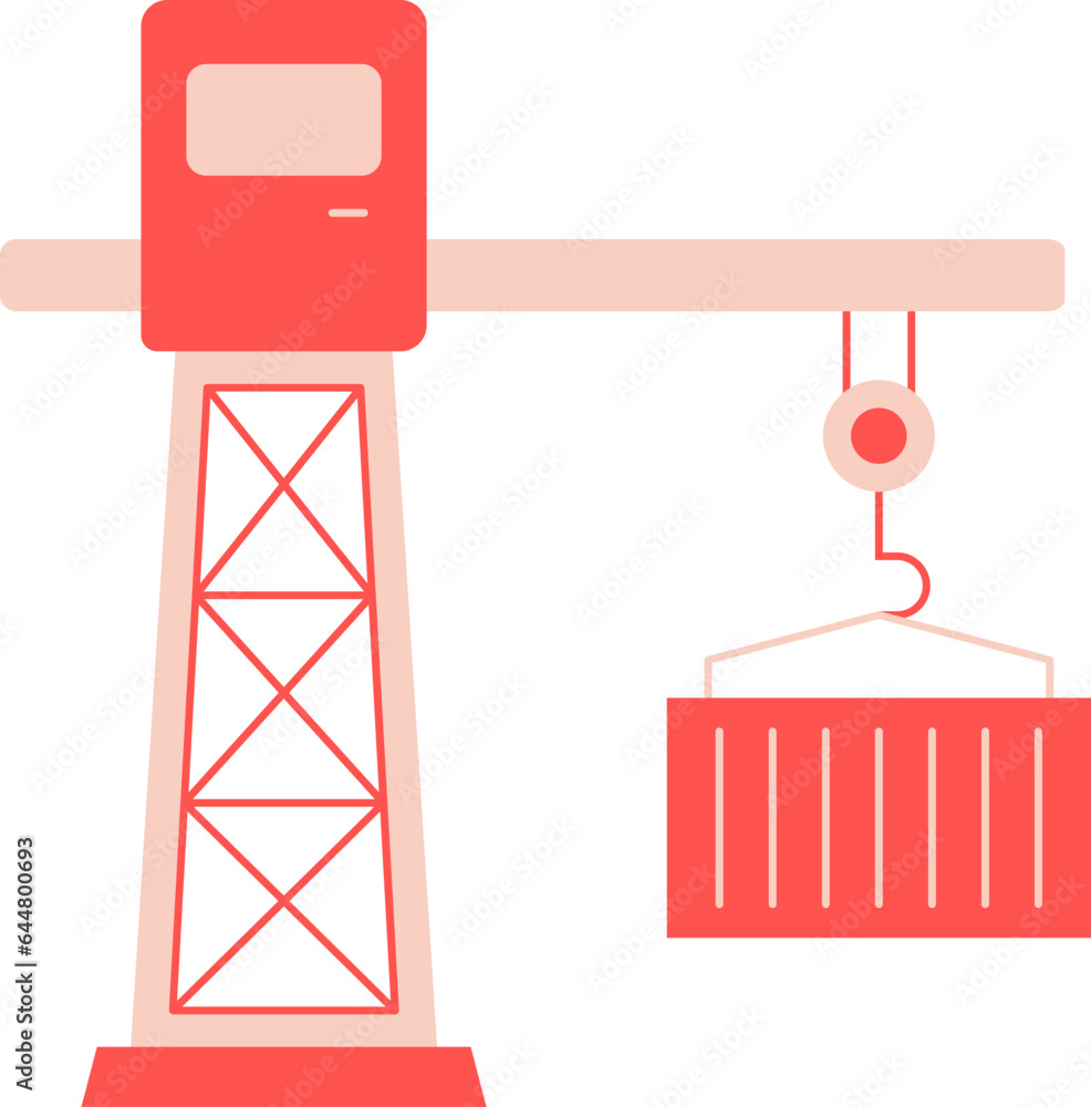 Poster tower crane with container icon in red color.