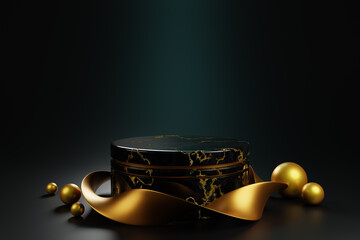 3d black marble podium display on dark green background. Empty stone pedestal platform, rock cylinder stand with spiral ribbon and golden pearls for product showcase or presentation. 3D illustration
