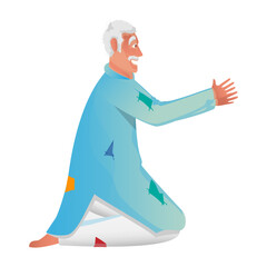 Side View Of Older Beggar Man Sitting On White Background.