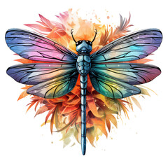 Watercolor dragonfly T-shirt Design, a dragonfly with wings that capture the vibrant colors of a tropical sunset, Generative Ai