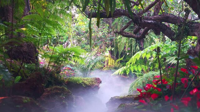 Tropical jungle paradise with flowers, trees and mist shrouding ground.