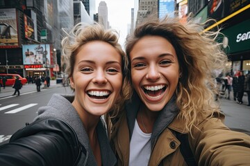 Girlfriends happy making selfie in New York, shopping.