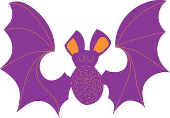 Fly Cute bat illustration. Graphic element in purple and orange, mystical. celebration Halloween. Cartoon flat vector
